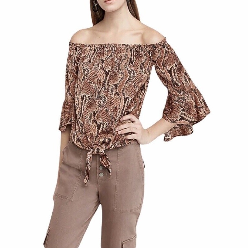 Express Snakeskin Print Flutter Sleeve Off Shoulder Blouse XS